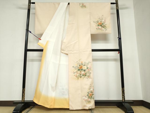平和屋着物●訪問着　紬地　手描き　草花文　正絹　逸品　DABC2032ud