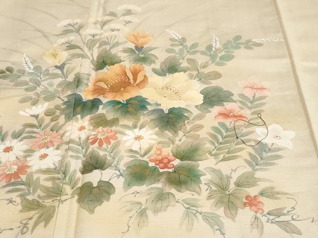 平和屋着物●訪問着　紬地　手描き　草花文　正絹　逸品　DABC2032ud