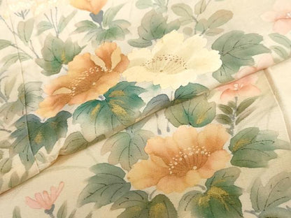 平和屋着物●訪問着　紬地　手描き　草花文　正絹　逸品　DABC2032ud