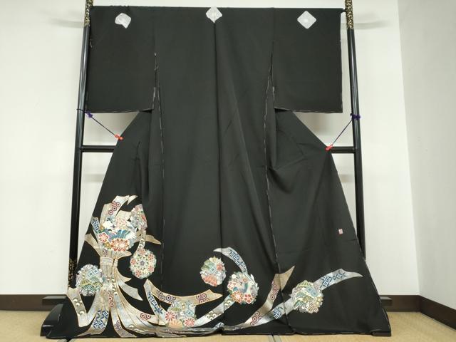 平和屋着物●豪華黒留袖　作家物　駒刺繍　束ね熨斗花鳥文　金銀彩　仮絵羽　正絹　逸品　未使用　DABC2033ud