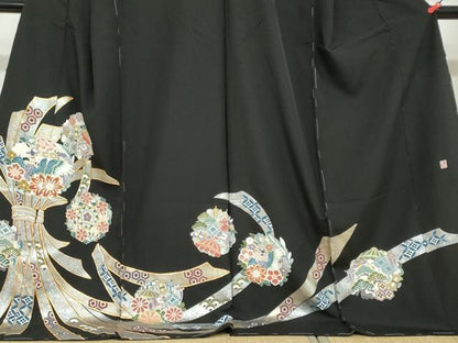 平和屋着物●豪華黒留袖　作家物　駒刺繍　束ね熨斗花鳥文　金銀彩　仮絵羽　正絹　逸品　未使用　DABC2033ud