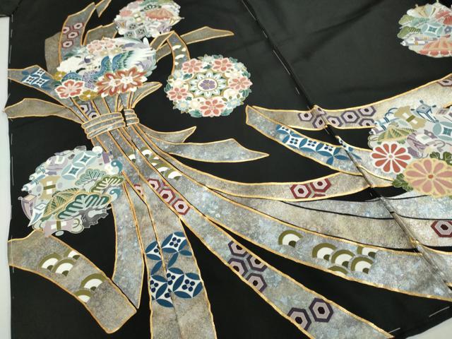 平和屋着物●豪華黒留袖　作家物　駒刺繍　束ね熨斗花鳥文　金銀彩　仮絵羽　正絹　逸品　未使用　DABC2033ud