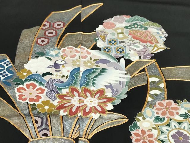 平和屋着物●豪華黒留袖　作家物　駒刺繍　束ね熨斗花鳥文　金銀彩　仮絵羽　正絹　逸品　未使用　DABC2033ud