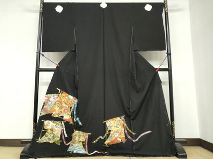 平和屋着物●豪華黒留袖　駒刺繍　誰が袖鳳凰草花文　金彩　仮絵羽　正絹　逸品　未使用　DABC2035ud