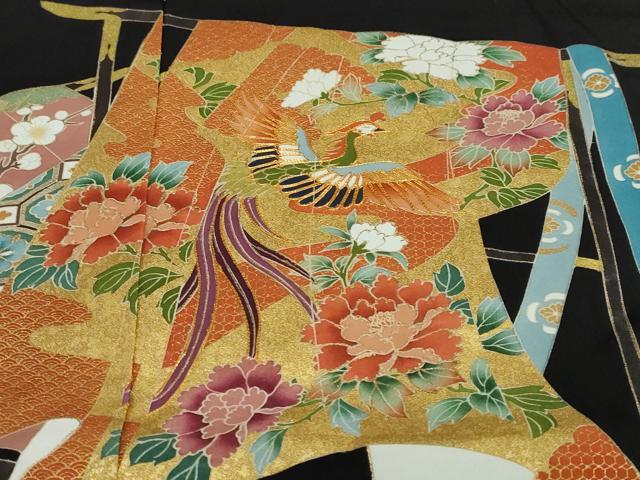 平和屋着物●豪華黒留袖　駒刺繍　誰が袖鳳凰草花文　金彩　仮絵羽　正絹　逸品　未使用　DABC2035ud
