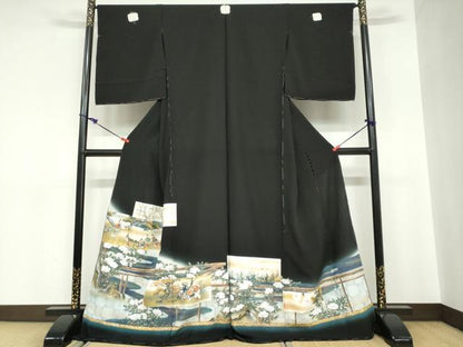 平和屋着物●豪華黒留袖　御所車人物風景文　金彩　仮絵羽　正絹　逸品　未使用　DABC2036ud