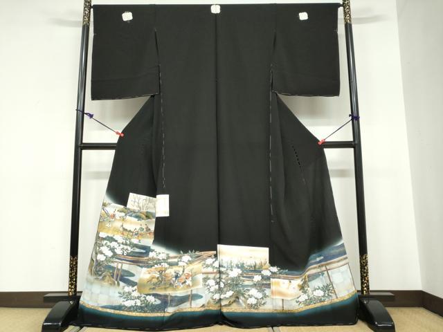 平和屋着物●豪華黒留袖　御所車人物風景文　金彩　仮絵羽　正絹　逸品　未使用　DABC2036ud