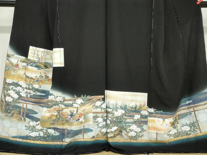 平和屋着物●豪華黒留袖　御所車人物風景文　金彩　仮絵羽　正絹　逸品　未使用　DABC2036ud
