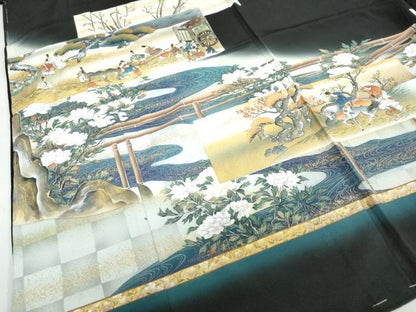 平和屋着物●豪華黒留袖　御所車人物風景文　金彩　仮絵羽　正絹　逸品　未使用　DABC2036ud