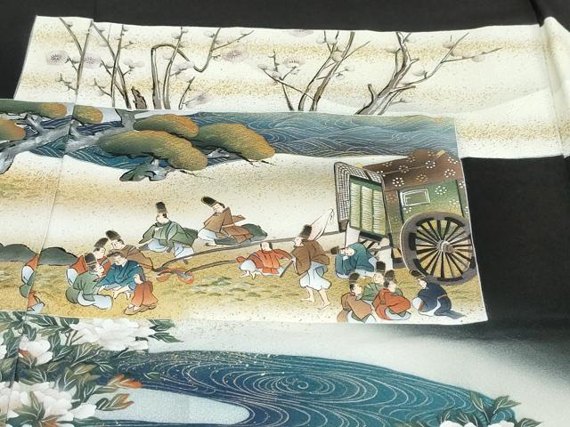 平和屋着物●豪華黒留袖　御所車人物風景文　金彩　仮絵羽　正絹　逸品　未使用　DABC2036ud