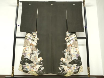 平和屋着物●アンティーク 大正ロマン 黒留袖 駒刺繍 貝桶草花文 正絹 逸品 DABC2037ud