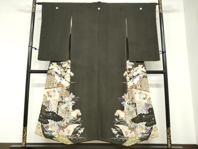 平和屋着物●アンティーク 大正ロマン 黒留袖 駒刺繍 貝桶草花文 正絹 逸品 DABC2037ud
