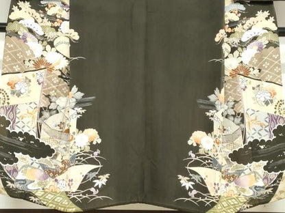 平和屋着物●アンティーク 大正ロマン 黒留袖 駒刺繍 貝桶草花文 正絹 逸品 DABC2037ud