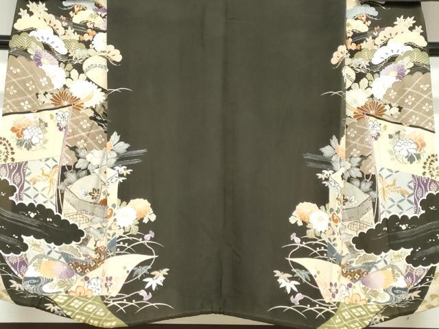 平和屋着物●アンティーク 大正ロマン 黒留袖 駒刺繍 貝桶草花文 正絹 逸品 DABC2037ud