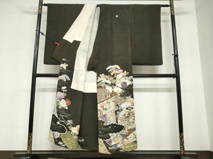 平和屋着物●アンティーク 大正ロマン 黒留袖 駒刺繍 貝桶草花文 正絹 逸品 DABC2037ud