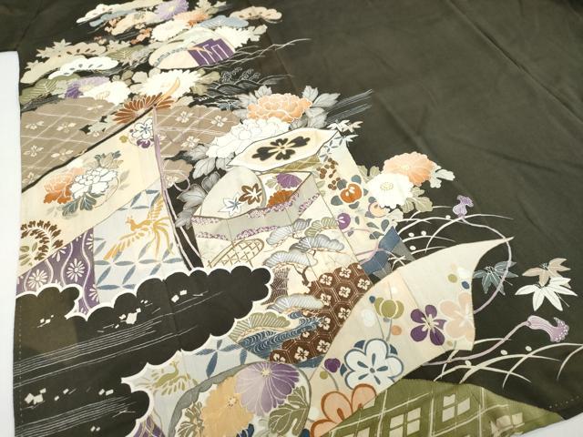 平和屋着物●アンティーク 大正ロマン 黒留袖 駒刺繍 貝桶草花文 正絹 逸品 DABC2037ud