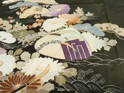 平和屋着物●アンティーク 大正ロマン 黒留袖 駒刺繍 貝桶草花文 正絹 逸品 DABC2037ud