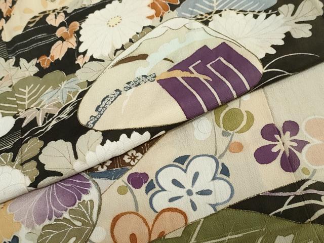 平和屋着物●アンティーク 大正ロマン 黒留袖 駒刺繍 貝桶草花文 正絹 逸品 DABC2037ud