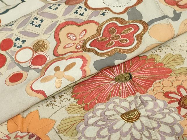 平和屋着物●アンティーク　大正ロマン　振袖　駒刺繍　雲取り御所車草花文　黒地　金彩　逸品　DABC2038ud