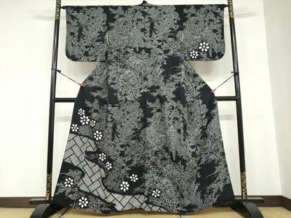 平和屋着物●訪問着 絞り 流水草花文 黒地 正絹 逸品 DABC2056ud