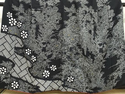 平和屋着物●訪問着 絞り 流水草花文 黒地 正絹 逸品 DABC2056ud