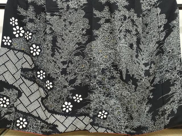 平和屋着物●訪問着 絞り 流水草花文 黒地 正絹 逸品 DABC2056ud
