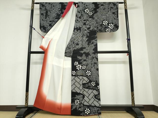平和屋着物●訪問着 絞り 流水草花文 黒地 正絹 逸品 DABC2056ud