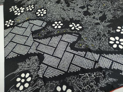 平和屋着物●訪問着 絞り 流水草花文 黒地 正絹 逸品 DABC2056ud
