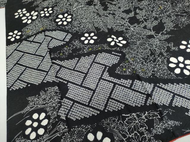 平和屋着物●訪問着 絞り 流水草花文 黒地 正絹 逸品 DABC2056ud