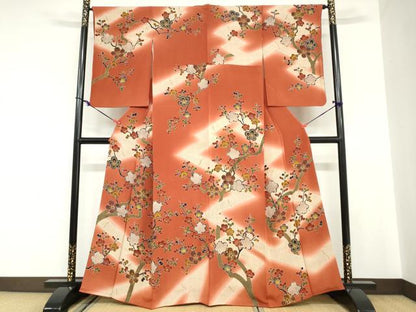 平和屋着物●訪問着 型染め 枝梅文 暈し染め 鬼しぼ縮緬 正絹 逸品 DABC2059ud