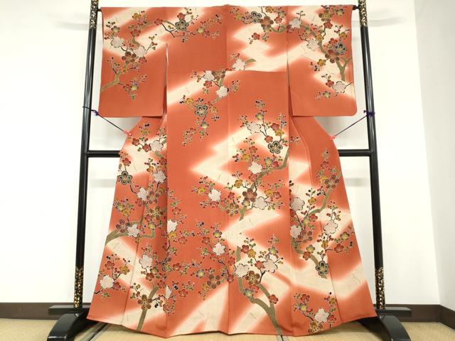 平和屋着物●訪問着 型染め 枝梅文 暈し染め 鬼しぼ縮緬 正絹 逸品 DABC2059ud