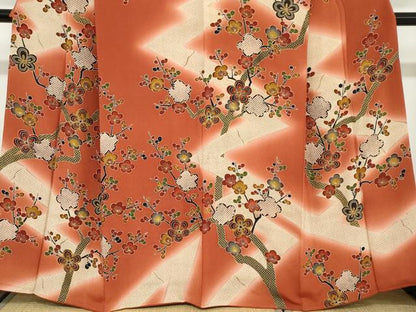 平和屋着物●訪問着 型染め 枝梅文 暈し染め 鬼しぼ縮緬 正絹 逸品 DABC2059ud