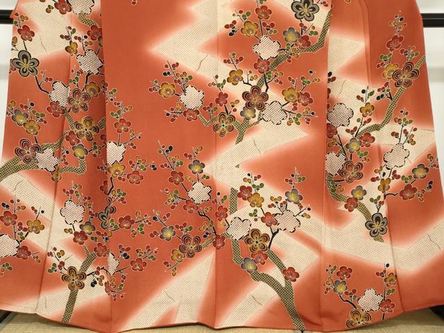 平和屋着物●訪問着 型染め 枝梅文 暈し染め 鬼しぼ縮緬 正絹 逸品 DABC2059ud