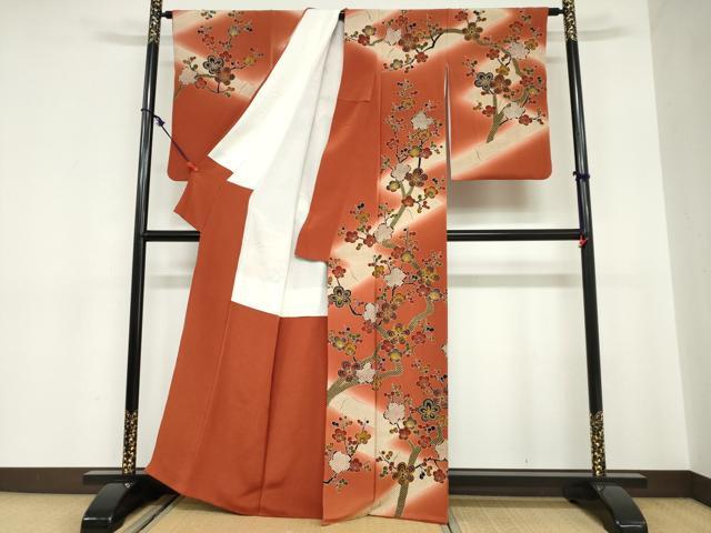 平和屋着物●訪問着 型染め 枝梅文 暈し染め 鬼しぼ縮緬 正絹 逸品 DABC2059ud
