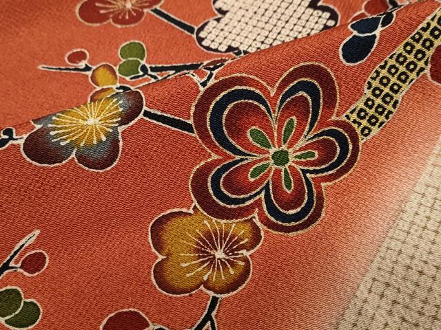 平和屋着物●訪問着 型染め 枝梅文 暈し染め 鬼しぼ縮緬 正絹 逸品 DABC2059ud