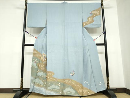平和屋着物●訪問着　駒刺繍　御所車草花文　金彩　正絹　逸品　DABC2065ud