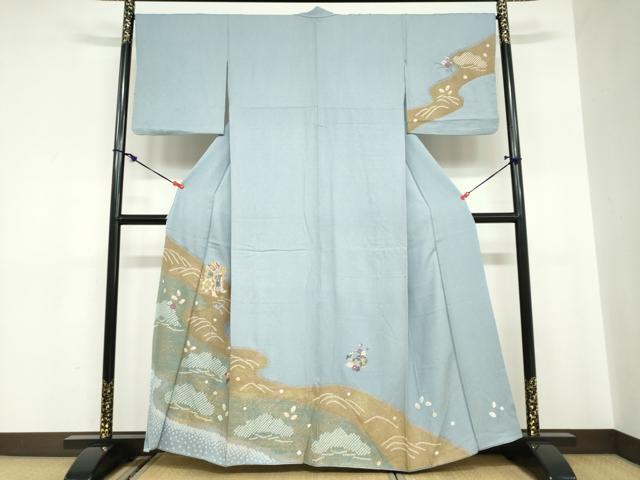 平和屋着物●訪問着　駒刺繍　御所車草花文　金彩　正絹　逸品　DABC2065ud