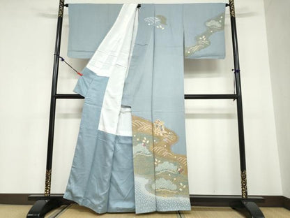 平和屋着物●訪問着　駒刺繍　御所車草花文　金彩　正絹　逸品　DABC2065ud