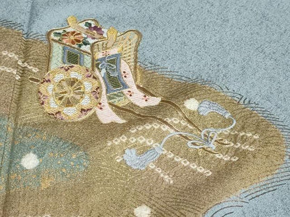 平和屋着物●訪問着　駒刺繍　御所車草花文　金彩　正絹　逸品　DABC2065ud