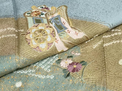 平和屋着物●訪問着　駒刺繍　御所車草花文　金彩　正絹　逸品　DABC2065ud
