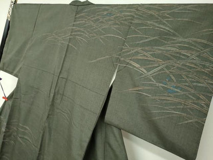 平和屋着物●訪問着 紬地 刺繍 草葉文 正絹 逸品 DABC2073ud