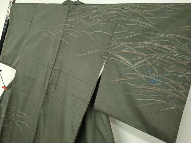 平和屋着物●訪問着 紬地 刺繍 草葉文 正絹 逸品 DABC2073ud