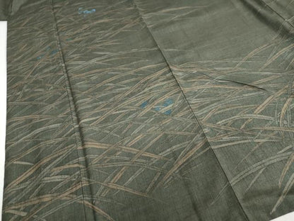 平和屋着物●訪問着 紬地 刺繍 草葉文 正絹 逸品 DABC2073ud