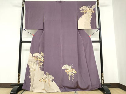 平和屋着物●訪問着　草花松文　金彩　鬼しぼ縮緬　正絹　逸品　DABC2079ud