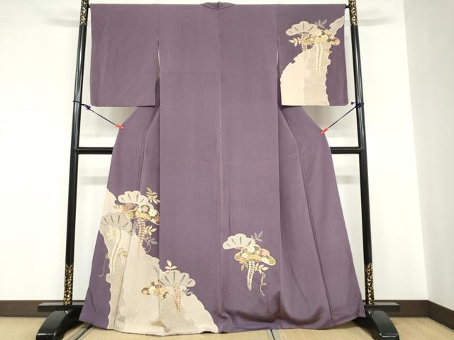 平和屋着物●訪問着　草花松文　金彩　鬼しぼ縮緬　正絹　逸品　DABC2079ud