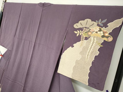 平和屋着物●訪問着　草花松文　金彩　鬼しぼ縮緬　正絹　逸品　DABC2079ud