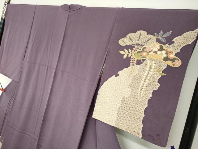 平和屋着物●訪問着　草花松文　金彩　鬼しぼ縮緬　正絹　逸品　DABC2079ud