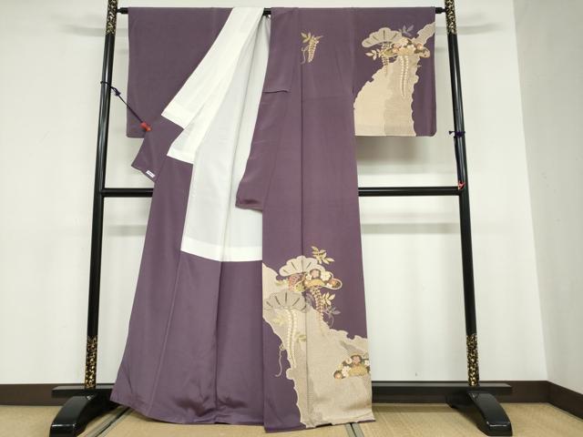 平和屋着物●訪問着　草花松文　金彩　鬼しぼ縮緬　正絹　逸品　DABC2079ud