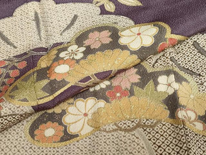 平和屋着物●訪問着　草花松文　金彩　鬼しぼ縮緬　正絹　逸品　DABC2079ud