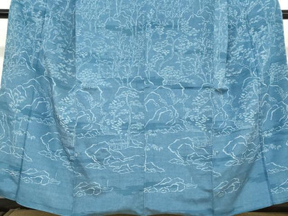 平和屋着物●訪問着　お召地　藍　型染め　風景樹林文　正絹　逸品　DABC2089ud